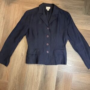 Vintage Karen Kane Linen Blazer Jacket Womens 4 Navy Button Career‎ Office 90's